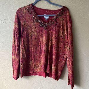 Chico's Womans Blouse Paisley Misses Red Gold‎ Beading Neckline Beads Sz 3